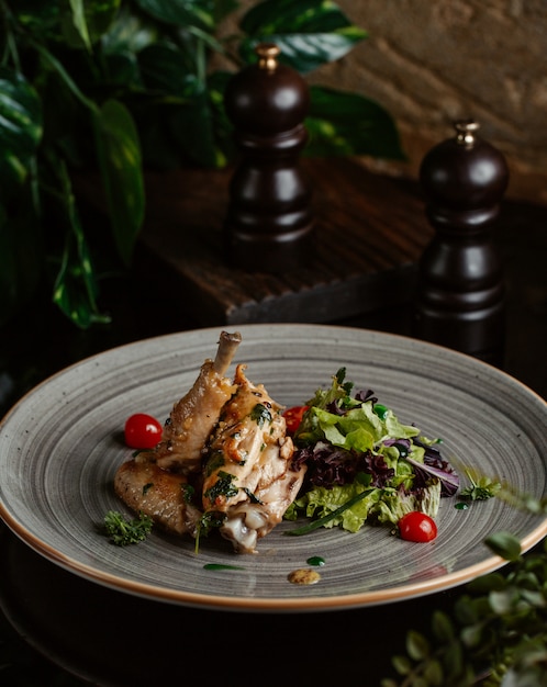 Chick kebab served with cherries and green salad