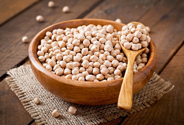 Chick-pea in wooden bowl on wooden surface close up