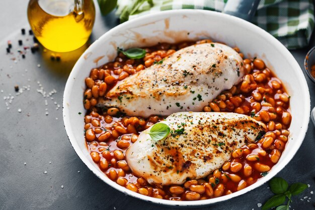 Chicken breast cooked or stuffed with beans in tomato sauce on pan.