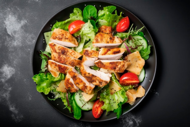 Foto gratuita insalata di pollo cesare su sfondo nero