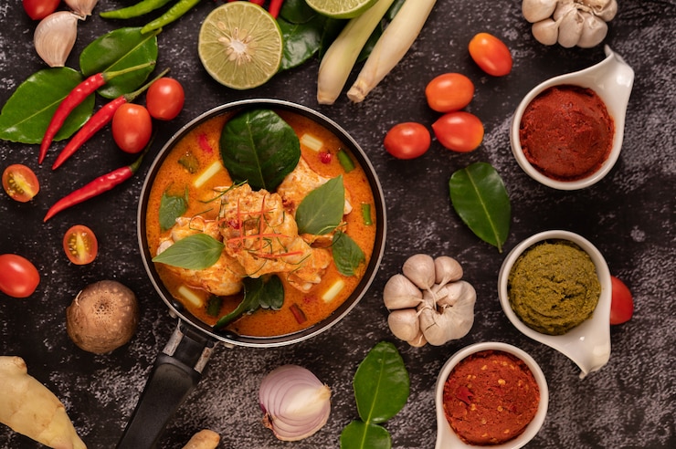 무료 Photo 레몬 그라스, 카피 르 라임 잎, 토마토, 레몬, 마늘을 곁들인 팬에 치킨 커리