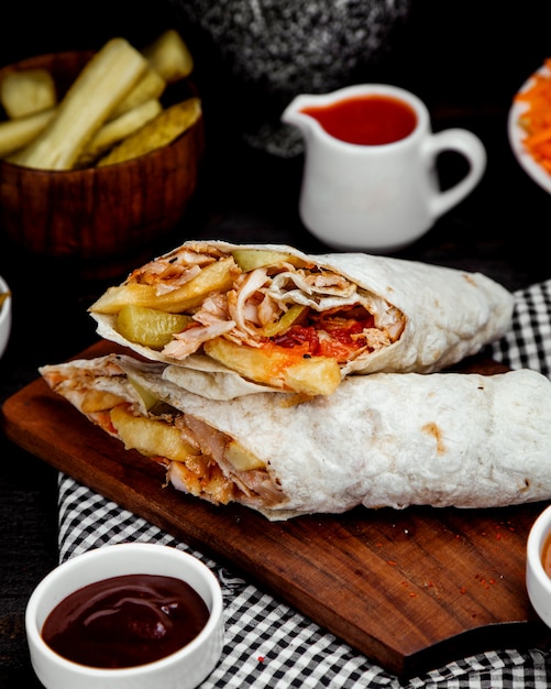 Chicken doner in pita bread with french fries