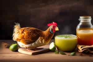 Foto gratuita un pollo che beve succo da un bicchiere accanto a un bicchiere di succo di mela.