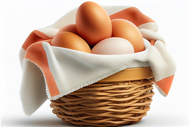 Foto gratuita uova di gallina dentro un cestino con l'asciugamano su sfondo bianco 3