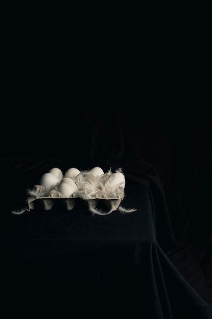 Chicken eggs with feathers in container between blackness