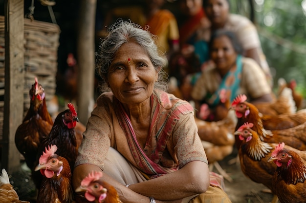 Chicken farm scene with poultry and people