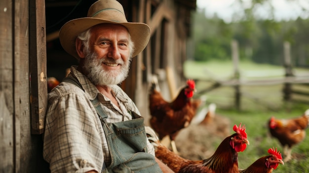 Chicken farm scene with poultry and people