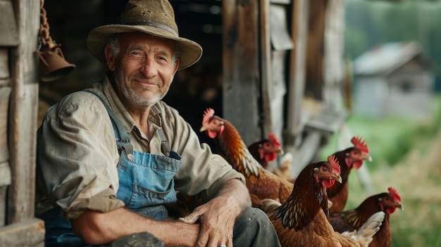 Chicken farm scene with poultry and people