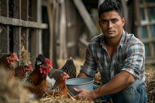 Chicken farm scene with poultry and people