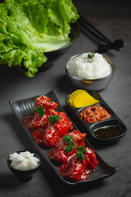 Chicken fried in spicy sauce in korean style