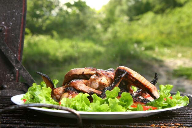 Chicken legs on the grill with vegetables