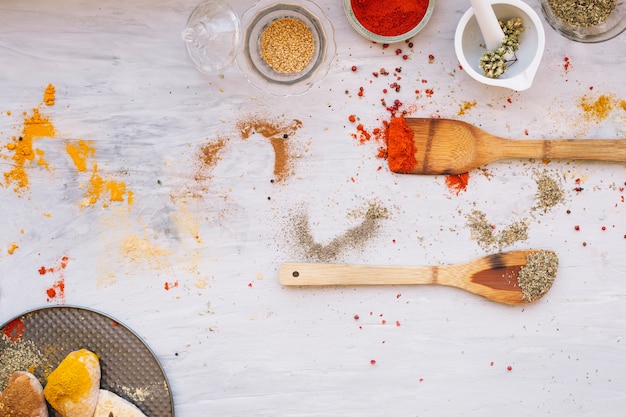 Chicken legs near spatulas and spices