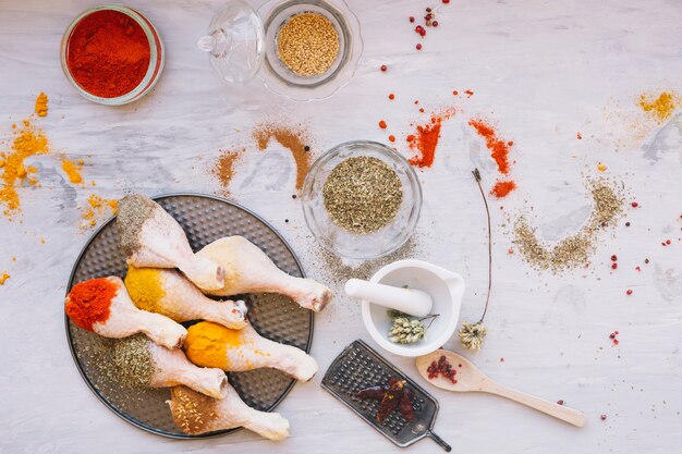 Chicken legs with spices on pan