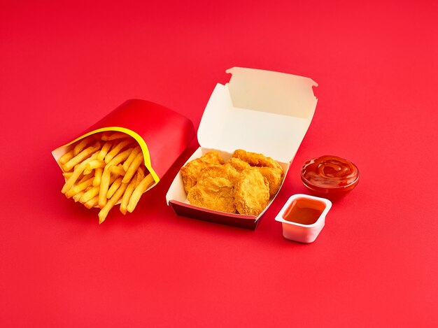 Chicken nuggets and french fries on red