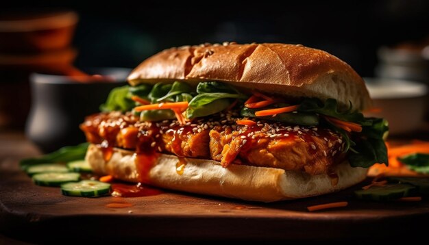 A chicken sandwich with vegetables on a wooden board