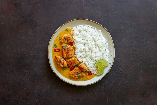 치킨 티카 마살라 카레 쌀, 허브, 후추. 인도 음식. 국가 요리.