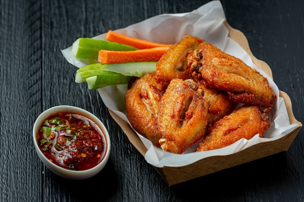 Chicken wings in paper box on a black