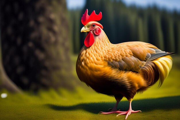 A chicken with a red comb stands in a field.