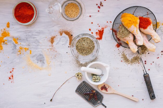 Chicken with spices in sieve