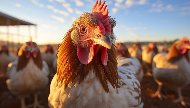 Chickens roam freely in the meadow a vibrant farm scene generated by artificial intelligence