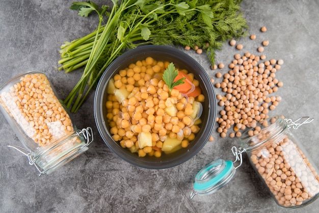 Free photo chickpeas homemade soup and jars