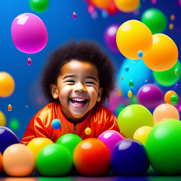 A child in a colorful ball pool with a blue background.