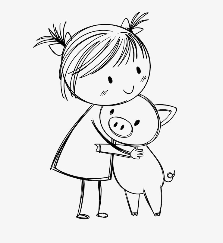 Free Photo child embracing a cute piglet