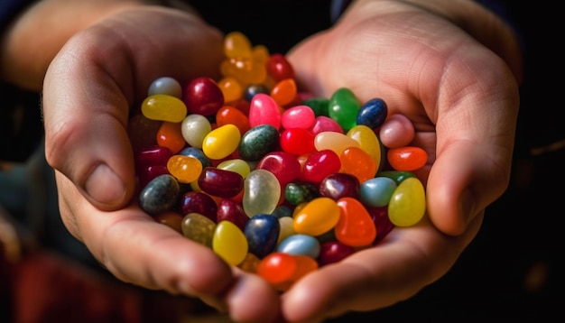 Free photo child holding colorful candy indulging in sweetness generated by ai