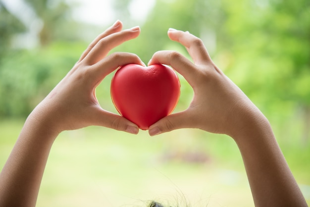 Child holding red rubber heart 