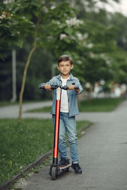 Child on kick scooter in park. Kids learn to skate roller board. Little boy skating on sunny summer day.