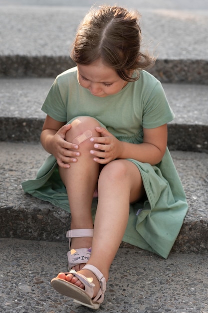 Foto gratuita bambino che guarda la sua ferita al ginocchio