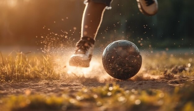 AI가 생성한 야외 활동을 즐기며 축구 연습을 하는 어린이