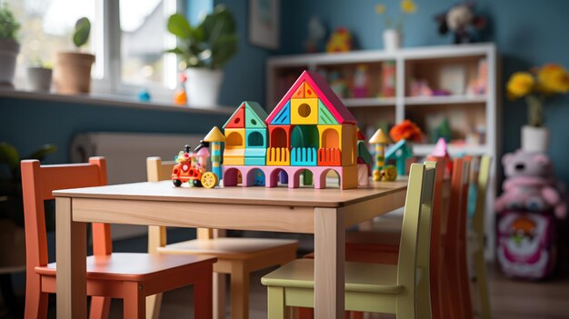 Sala giochi per bambini con un tavolo di legno in primo piano