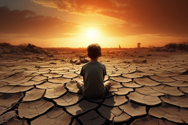 Child staying in landscape of extreme drought