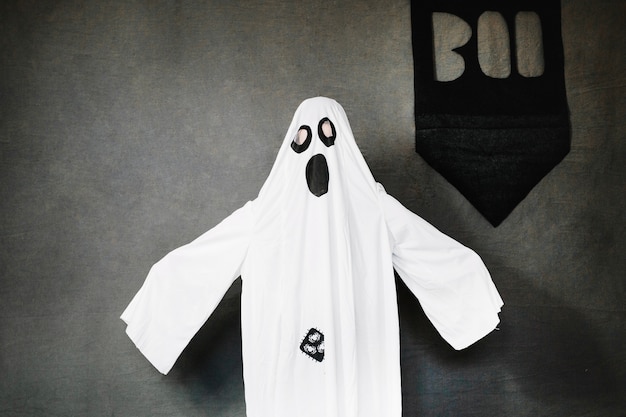 Child wearing ghost costume