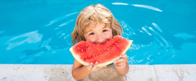 Child with watermelon in swimming pool kids eat summer fruit outdoors banner for header copy space poster for web design