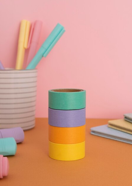 Children desks still life with items