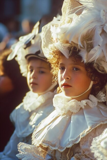 베네치아 카니발 을 즐기는 어린이 들 이 의상 을 입고 있다