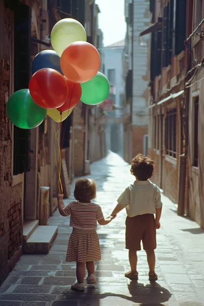 어린이 들 이 풍선 을 가지고 베네치아 카니발 을 즐기고 있다