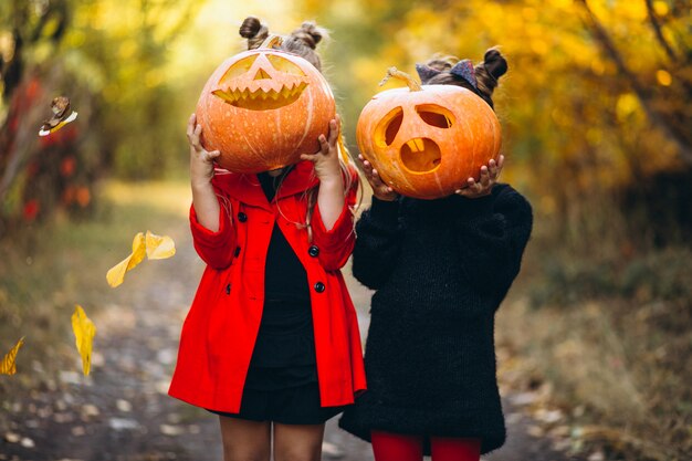 Children girls dressed in halloween costumes outdoors with pumpkins