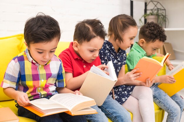 Children group reading books