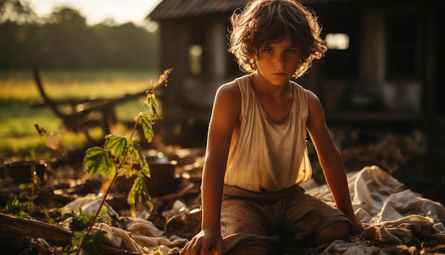 Bambini che giocano all'aperto in estate godendo dell'innocenza della natura e della gioia generata dall'intelligenza artificiale