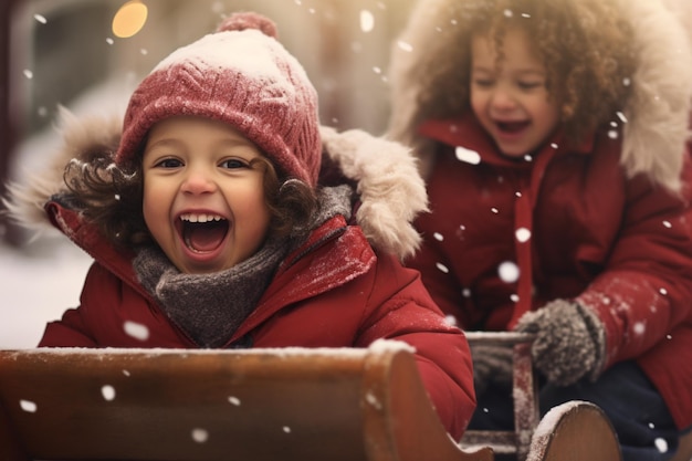 Free photo children riding a sleigh having fun outdoors during winter season