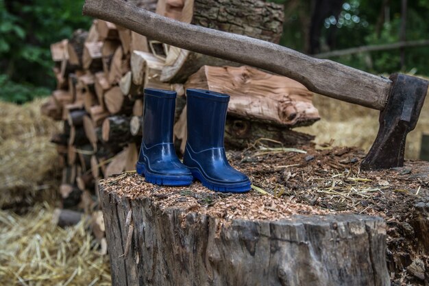 children's rubber boots on a log near