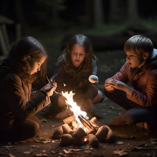 무료 사진 불  ⁇ 에 앉아 숲에서 마시멜로를 먹고 있는 아이들