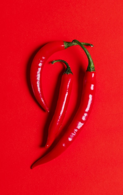 Chili pepper isolated on red, top view