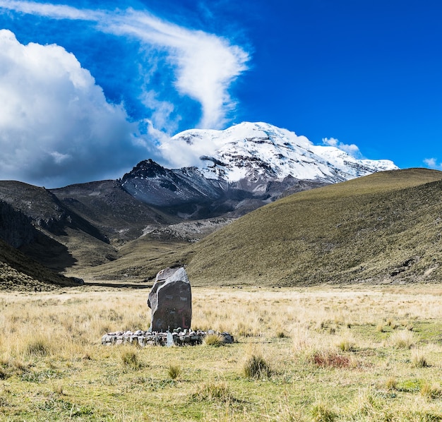 푸른 하늘과 흰 구름 아래 에콰도르의 Chimborazo 화산