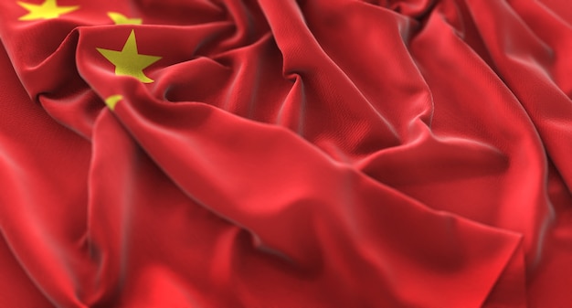 China Flag Ruffled Beautifully Waving Macro Close-Up Shot