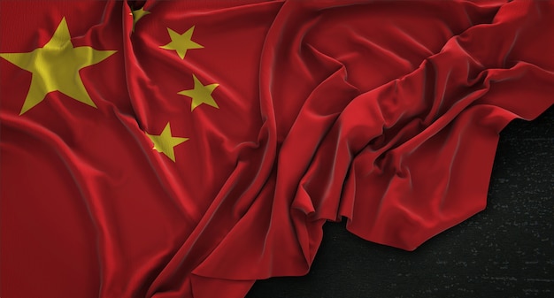 China Flag Wrinkled On Dark Background 3D Render