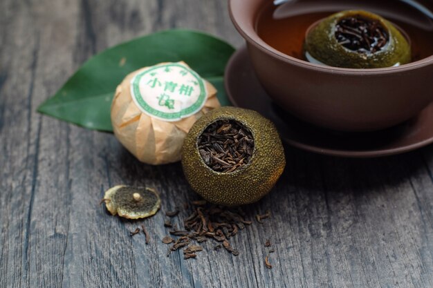 중국어 녹색 오렌지 puer 차 (중국어 텍스트 : green orange tea)